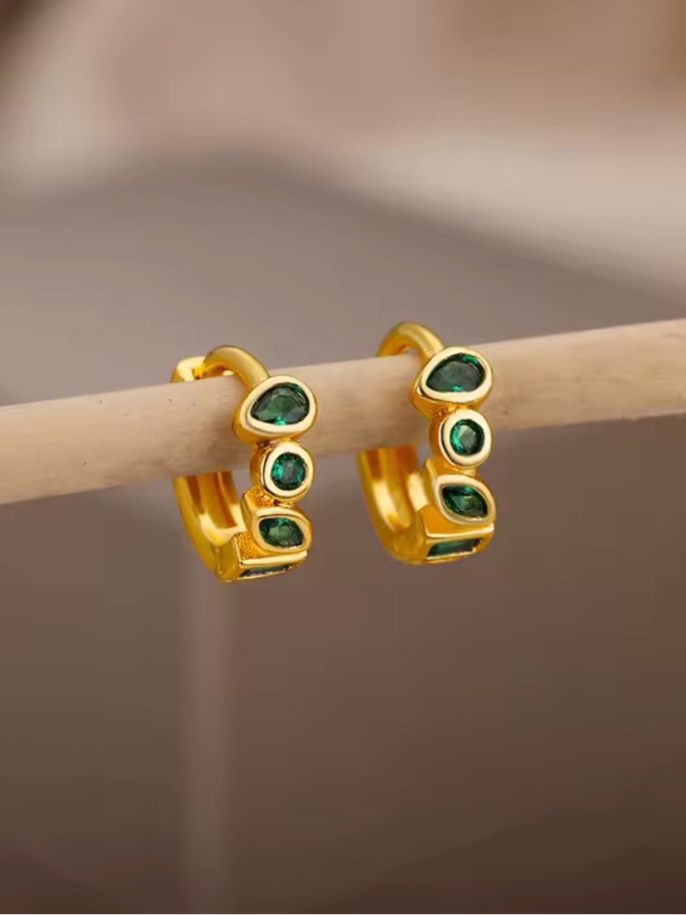 Gold-Plated Hoop Earrings with Emerald Green Stones